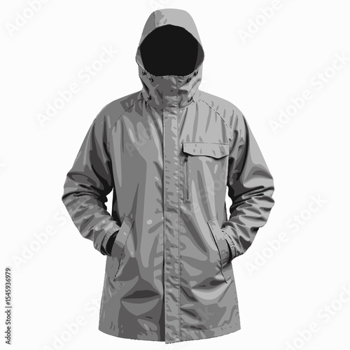 Gray waterproof jacket with hood for outdoor activities  