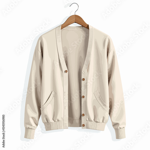 Beige cardigan sweater hanging on a wooden hanger against white background  