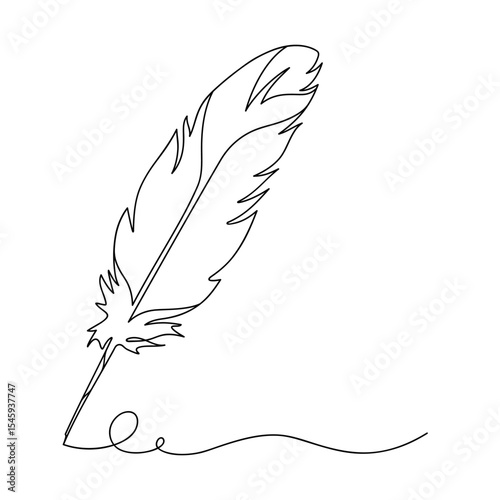 Continuous line drawing of writing quill feather pen. Minimalist black linear sketch isolated on white background. Hand drawn vector illustration.