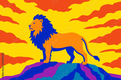 Majestic lion artwork on rocky cliff with sunrise in detailed vibrant colors

Regal lion illustration with golden mane and colorful dawn background