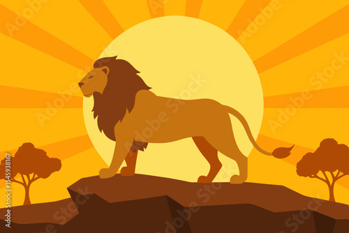 egal lion illustration with golden mane and colorful dawn background