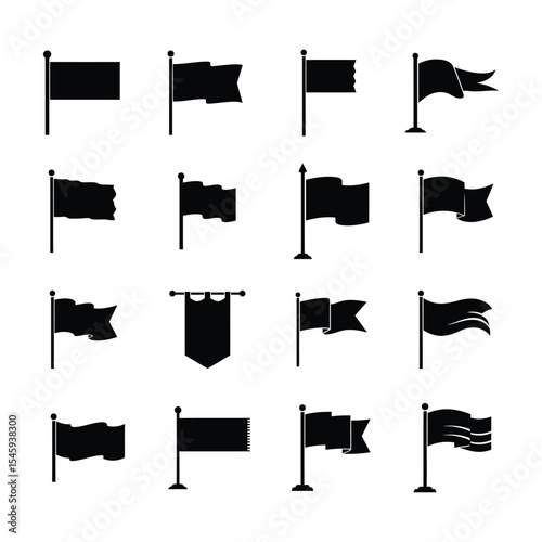 Flag Icon Set – Black Silhouette Flag Symbols, Waving Banner and Pole Icons Collection .