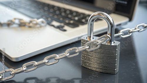 A laptop secured with a metal chain and padlock symbolizing cybersecurity and data protection.