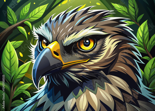 intense eagle portrait with sharp yellow eyes set against a forest background vector perfect for wildlife themes, mascots, or educational materials