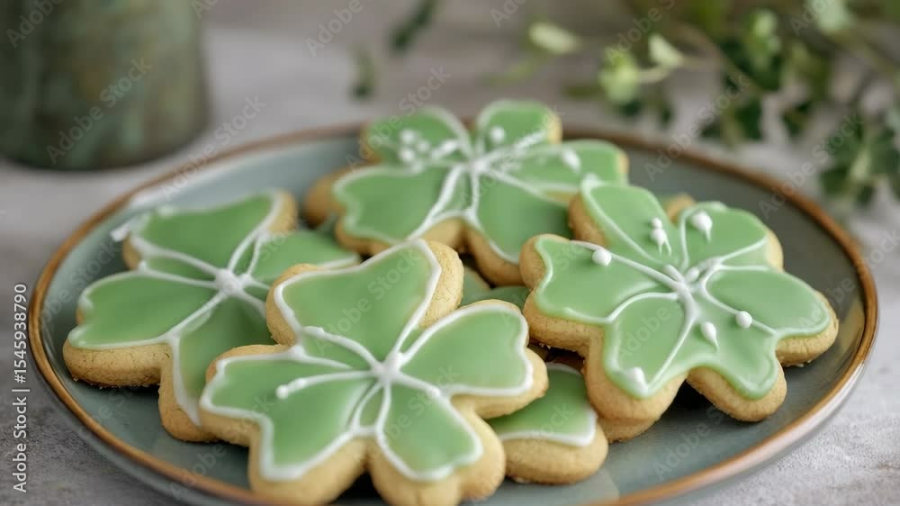 A plate of festive St Patrick's Day cookies decorated with green clovers and a holiday theme.