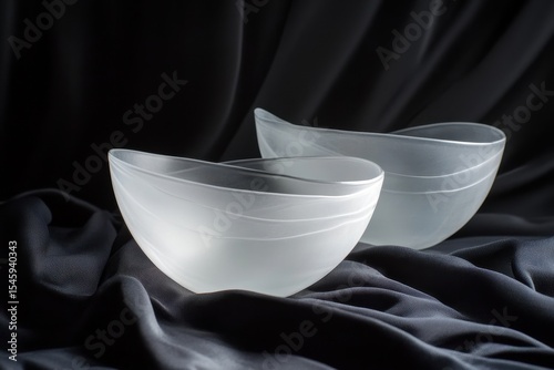 Translucent frosted glass bowls elegantly displayed on dark textured fabric, Translucent, frosted glass bowls on dark fabric backdrop photo