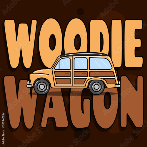 Woodie Wagon Day to celebrate on July 19th. Illustration of a classic car made of solid wood with bold text behind it on dark brown background. Vehicle event banner.