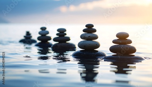Stone cairns balanced on water.