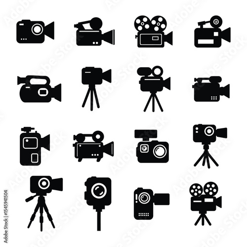 Video Camera Icon Set – Black Silhouette Vector of Film, Camcorder, Action Camera, Tripod & Movie Recording Equipment on White Background .
