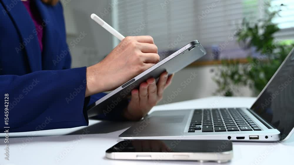 Businesswoman hand working digital marketing media in virtual screen with mobile phone and modern compute