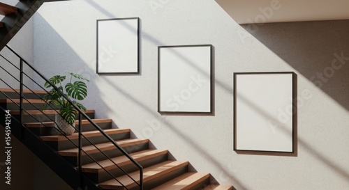 Modern stairway with a three-frame gallery wall mockup