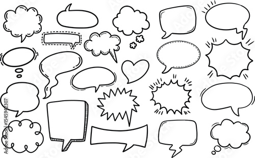 Speech bubble text frame dialog cloud hand drawn set. Blue flat doodle talk speech bubble frame. Hand drawn line chalk frame, think balloon, children doodle text cloud icon. Vector illustration.