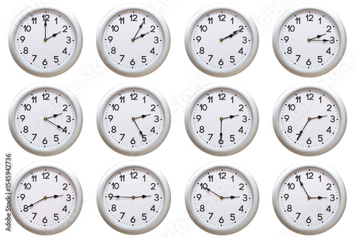 A set of 12 Round Silver Wall Clocks Showing 02:00 to 02:55 or 14:00 to 14:55 Isolated-White. Useful for concepts like noon, midnight, deadline, countdown, or time management.