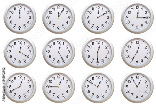 A set of 12 Round Silver Wall Clocks Showing 00:00 to 00:55 or 12:00 to 12:55 Isolated-White. Useful for concepts like noon, midnight, deadline, countdown, or time management.
