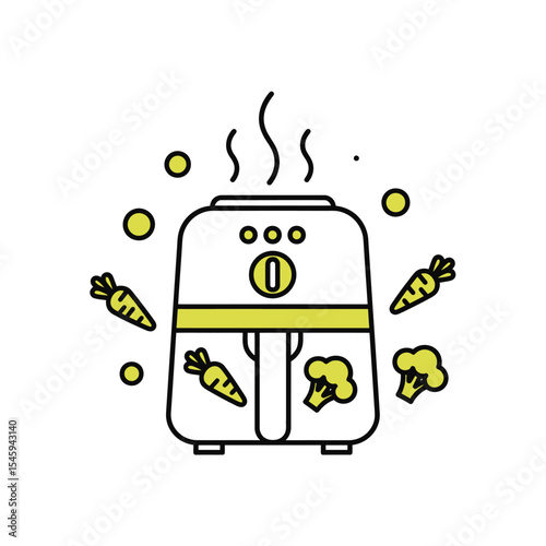 White Air Fryer Cooking Carrots Broccoli Vegetables Illustration