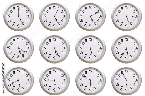 A set of 12 Round Silver Wall Clocks Showing 05:00 to 05:55 or 17:00 to 17:55 Isolated-White. Useful for concepts like noon, midnight, deadline, countdown, or time management.