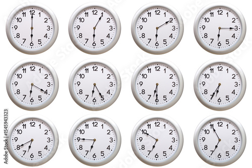 A set of 12 Round Silver Wall Clocks Showing 06:00 to 06:55 or 18:00 to 18:55 Isolated-White. Useful for concepts like noon, midnight, deadline, countdown, or time management.