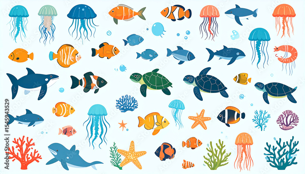 Obraz premium Vibrant illustration featuring diverse marine life, including various fish, jellyfish, sea turtles, sharks, coral, and starfish, set against a light blue background