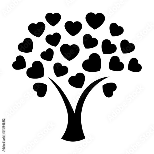 Eco logo. Caring for nature. Family values. Leaves from hearts. Tree of love. Concept of care, kindness, love. Totality of love. Logo of a tree with hearts. Black and white tree.