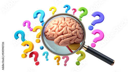Magnifying glass is inspecting various question marks, a brain, and a rope, all floating against a transparent background, symbolizing problem solving and thinking process 