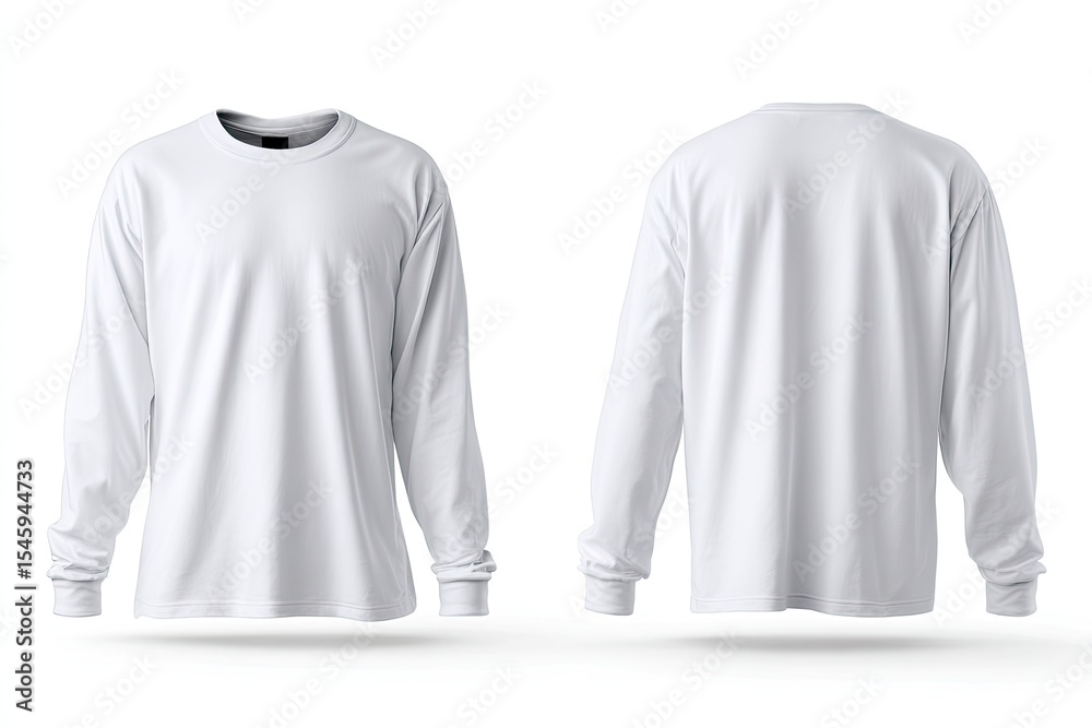 A clean, studio shot showcases a plain white long-sleeve t-shirt, presented in front and back views against a stark white background. The shirt displays a simple crew neck and relaxed fit A clean, studio shot showcases a plain white long-sleeve t-shirt, presented in front and back views against a stark white background. The shirt displays a simple crew neck and relaxed fit