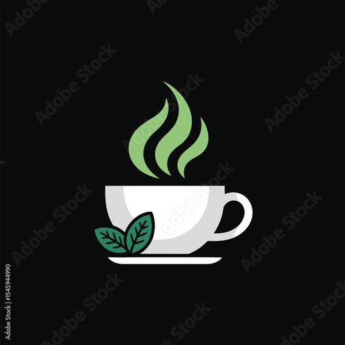 White Teacup Green Steam Leaves Logo Design image