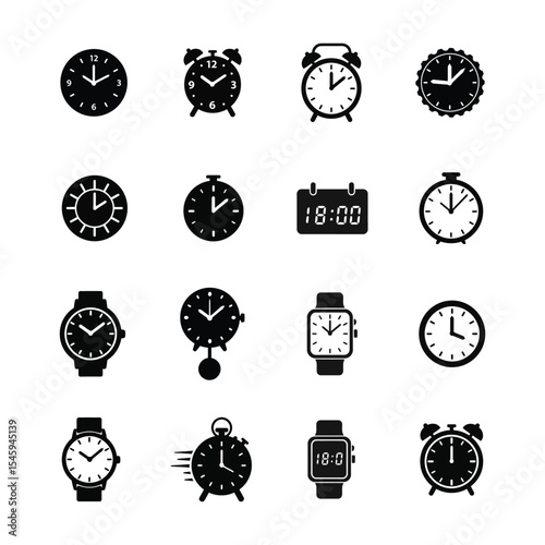 Clock and Watch Icon Set – Black Silhouette Vector of Analog Clocks, Stopwatches, Digital Watches & Alarm Time Icons on White Background .