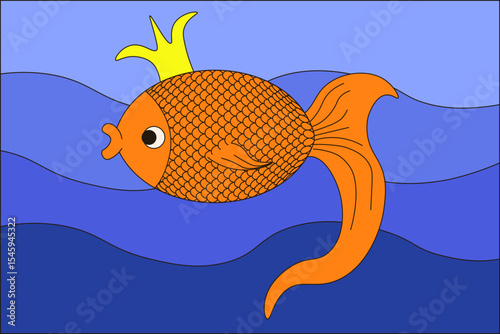 Fabulous Gold Fish. Kids vector illustration of Gold Fish in in crown and abstract blue sea background. Perfect child nursery art, silly interior room poster artwork. Fantastic marine animal. 