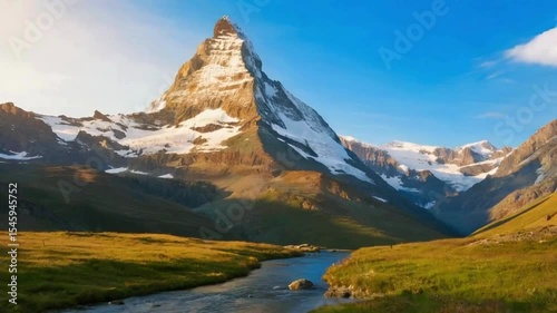 Matterhorn mountain view with river flowing through green valley landscape hd video , 4k video , mp4 video