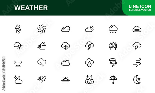 Weather Icon Set – Creative Vector Illustrations for Forecast, Climate, Rain, Sun, and Temperature in Minimal Line Style for All Devices