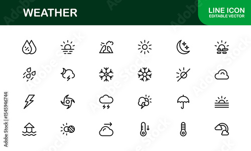 Weather Icon Set – Creative Vector Illustrations for Forecast, Climate, Rain, Sun, and Temperature in Minimal Line Style for All Devices
