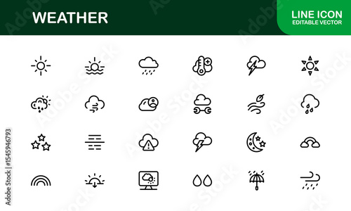 Weather Icon Set – Creative Vector Illustrations for Forecast, Climate, Rain, Sun, and Temperature in Minimal Line Style for All Devices