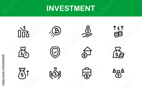 Unique Investment Line Icon Collection – Creative and Modern Money, Finance, Trade, and Wealth Symbols in Clean, Outline Vector Style