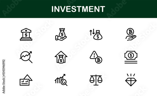 Unique Investment Line Icon Collection – Creative and Modern Money, Finance, Trade, and Wealth Symbols in Clean, Outline Vector Style