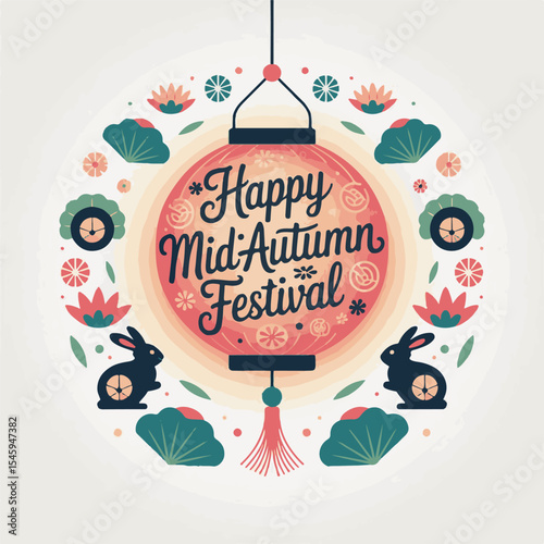 Happy Mid-Autumn Festival Circle Design with Lantern, Rabbits, and Pomegranates

