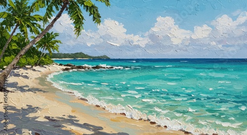 Oil painting of a tropical beach with palm trees and turquoise water