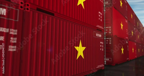Vietnam export production and import cargo containers in row seamless and loopable business concept. Vietnamese flag industrial shipping box 3d loop.