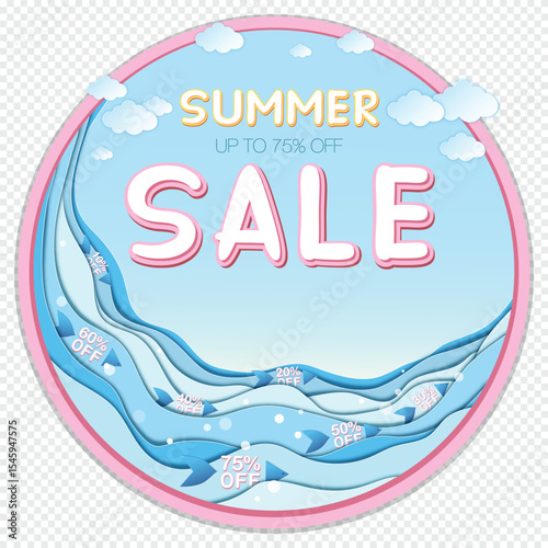 Isolated round Summer sale banner featuring Summer sale and 75% off inscription, clouds and sea. Banner made in paper craft style, 3D, layered. Vector EPS illustration, eazy to edi