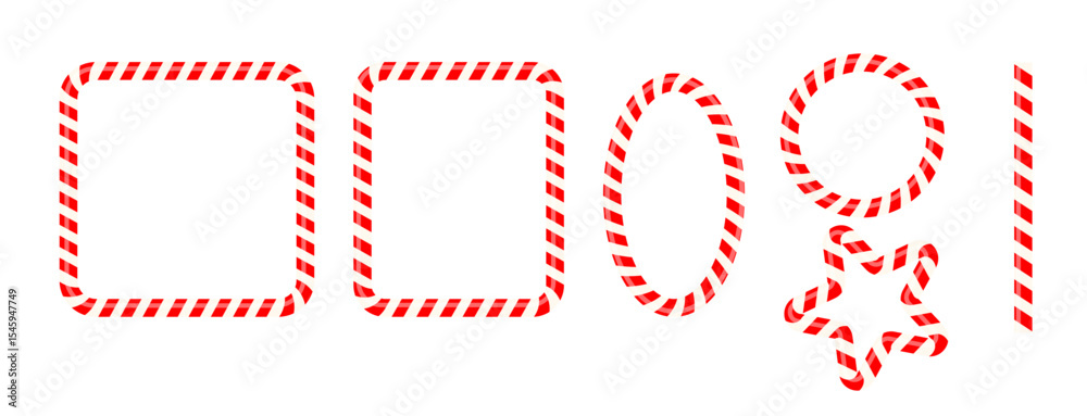 Set round, rectangle, star candy frames, Candy cane set decorations, frame, round ring frame, red white straight lines, realistic, collection New Year Holiday elements. Xmas Striped candy ca Set round, rectangle, star candy frames, Candy cane set decorations, frame, round ring frame, red white straight lines, realistic, collection New Year Holiday elements. Xmas Striped candy ca