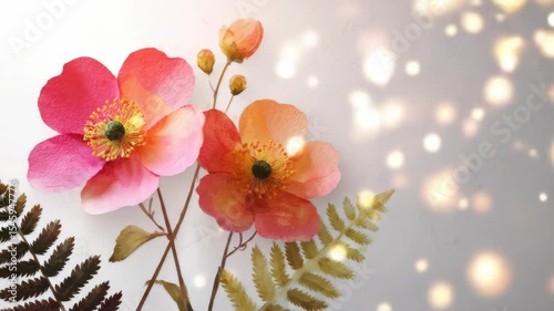 A close-up of two pink and orange flowers with green centers, accompanied by fern leaves. The background features shiny particles, creating a vibrant postcard effect.