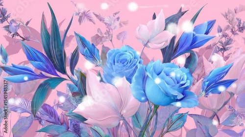 A vibrant floral arrangement featuring blue roses and white lilies against a soft pink background. Shiny particles add a magical touch to the scene.