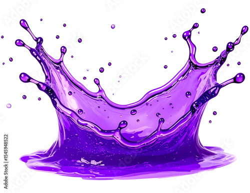 Dynamic splash of vibrant purple liquid with droplets captured mid-air on transparent background.