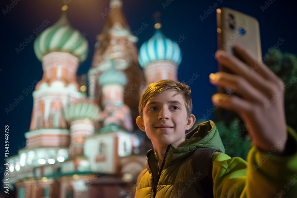 Obraz premium A boy takes a selfie in front of St. Basil's Cathedral on Red Square in Moscow at night.