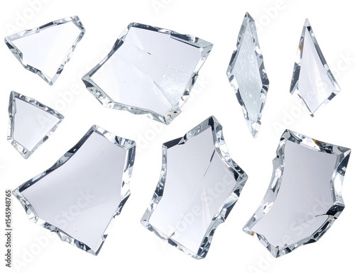 Multiple different sized and shaped clear glass pieces with irregular edges on transparent background.