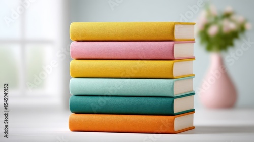 A neat stack of six hardcover books with colorful textured covers sits on a white surface near a softly blurred window and a pink vase with flowers.