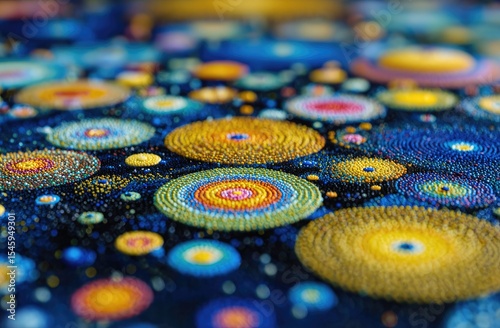 A detailed close-up of a vibrant artwork featuring numerous multicolored concentric circles on a dark blue background, resembling a cosmic or microscopic view
