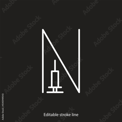 No syringe, hormones, antibiotic, drugs icon. No injection symbol. Vector stock illustration isolated on black background for design template medical, pharmacy, hospital. Editable stroke line.