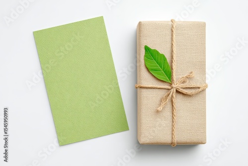A gift wrapped in natural burlap and twine, adorned with a green leaf, placed next to a textured green card on a white background.
