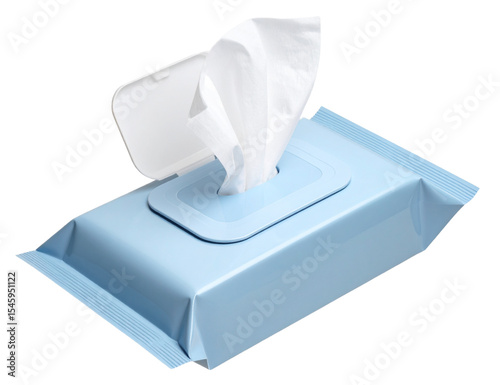 Opened package of wet wipes with a single wipe partially pulled out from the dispenser on transparent background.