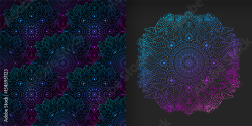 Ethnic seamless pattern and flower mandala in a psychedelic pink blue palette